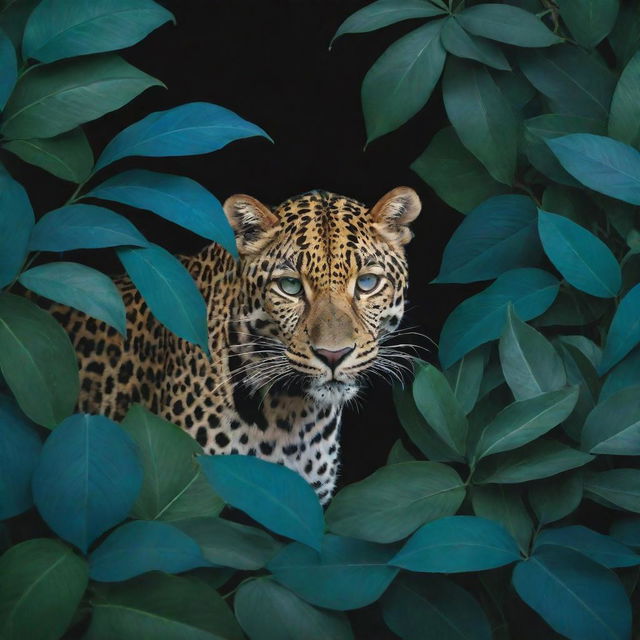 A leopard stealthily moving in the jungle at night, surrounded by beautiful blue-green leaves in flat perspective, reminiscent of Turkish miniatures. Toucans and paradise birds perching on the trees.