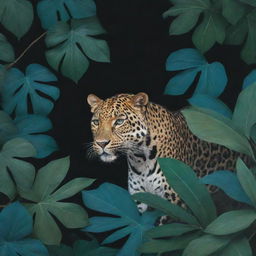 A leopard stealthily moving in the jungle at night, surrounded by beautiful blue-green leaves in flat perspective, reminiscent of Turkish miniatures. Toucans and paradise birds perching on the trees.