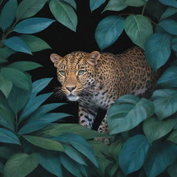 A leopard stealthily moving in the jungle at night, surrounded by beautiful blue-green leaves in flat perspective, reminiscent of Turkish miniatures. Toucans and paradise birds perching on the trees.