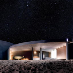 Luxurious home on the Moon's surface, with spectacular architecture, illuminated by lunar light. The Earth is visible in the starry background.