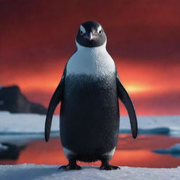 An extremely sinister looking penguin, eyes glowing menacingly, amid a chilling Antarctic landscape under a blood red sky. The penguin is cunningly plotting something wicked.