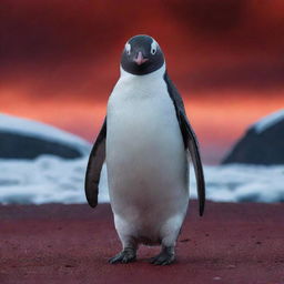 An extremely sinister looking penguin, eyes glowing menacingly, amid a chilling Antarctic landscape under a blood red sky. The penguin is cunningly plotting something wicked.