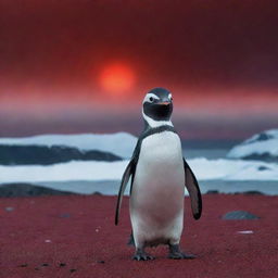 An extremely sinister looking penguin, eyes glowing menacingly, amid a chilling Antarctic landscape under a blood red sky. The penguin is cunningly plotting something wicked.