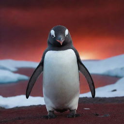 An extremely sinister looking penguin, eyes glowing menacingly, amid a chilling Antarctic landscape under a blood red sky. The penguin is cunningly plotting something wicked.