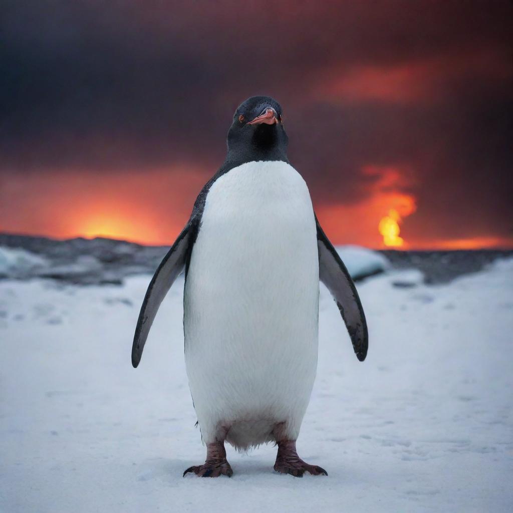 An extremely diabolical penguin with flaming red eyes, in the dead of a stormy Antarctic night. It stands malevolently over a barren, icy landscape, under a threatening, blood-red sky.