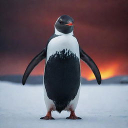 An extremely diabolical penguin with flaming red eyes, in the dead of a stormy Antarctic night. It stands malevolently over a barren, icy landscape, under a threatening, blood-red sky.