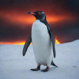 An extremely diabolical penguin with flaming red eyes, in the dead of a stormy Antarctic night. It stands malevolently over a barren, icy landscape, under a threatening, blood-red sky.