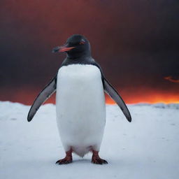 An extremely diabolical penguin with flaming red eyes, in the dead of a stormy Antarctic night. It stands malevolently over a barren, icy landscape, under a threatening, blood-red sky.