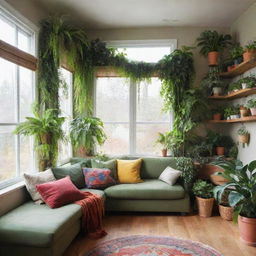 A cozy house, every nook and corner filled with a diverse array of vibrant, healthy indoor plants. Greenery drapes the furniture, spills from shelves and brightens up window sills, introducing a lively, natural element in the space.