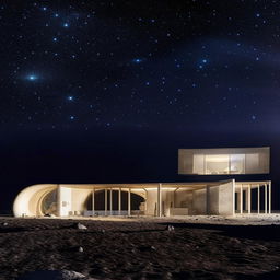 Luxurious home on the Moon's surface, with spectacular architecture, illuminated by lunar light. The Earth is visible in the starry background.