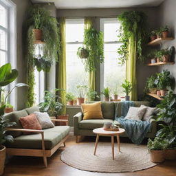 A cozy house, every nook and corner filled with a diverse array of vibrant, healthy indoor plants. Greenery drapes the furniture, spills from shelves and brightens up window sills, introducing a lively, natural element in the space.