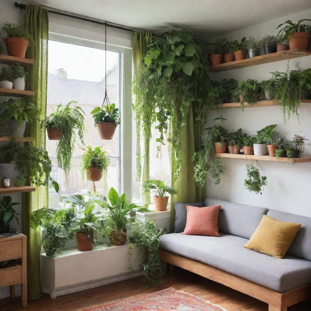 A cozy house, every nook and corner filled with a diverse array of vibrant, healthy indoor plants. Greenery drapes the furniture, spills from shelves and brightens up window sills, introducing a lively, natural element in the space.