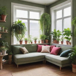 A cozy house, every nook and corner filled with a diverse array of vibrant, healthy indoor plants. Greenery drapes the furniture, spills from shelves and brightens up window sills, introducing a lively, natural element in the space.