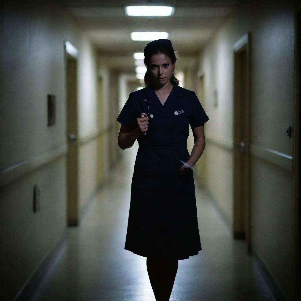 A nurse with a malevolent look, dressed in dark uniform, lurking in the shadows of a dimly lit, creepy hospital hallway. Her hands grip a sinister-looking medical tool.