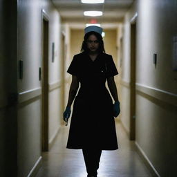 A nurse with a malevolent look, dressed in dark uniform, lurking in the shadows of a dimly lit, creepy hospital hallway. Her hands grip a sinister-looking medical tool.