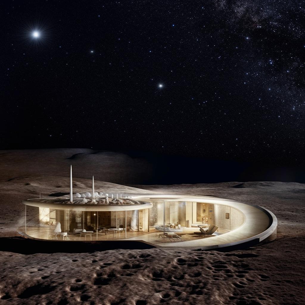 Luxurious home on the Moon's surface, with spectacular architecture, illuminated by lunar light. The Earth is visible in the starry background.