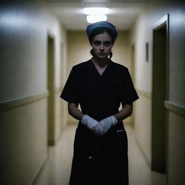 A nurse with a malevolent look, dressed in dark uniform, lurking in the shadows of a dimly lit, creepy hospital hallway. Her hands grip a sinister-looking medical tool.