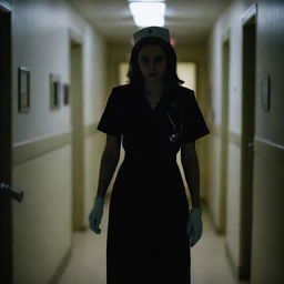 A nurse with a malevolent look, dressed in dark uniform, lurking in the shadows of a dimly lit, creepy hospital hallway. Her hands grip a sinister-looking medical tool.