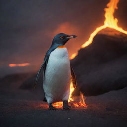 A brave yet out of place penguin, navigating a treacherous landscape reminiscent of hell, filled with flaming pyres and glowing embers. The fiery light reflects in its beady eyes as it maneuvers with determination.