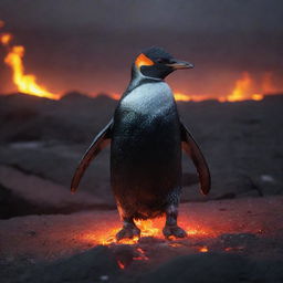 A brave yet out of place penguin, navigating a treacherous landscape reminiscent of hell, filled with flaming pyres and glowing embers. The fiery light reflects in its beady eyes as it maneuvers with determination.