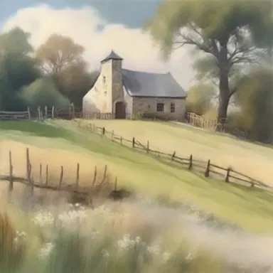 The artist painted a stunning landscape featuring a picturesque tithe barn as the centerpiece.