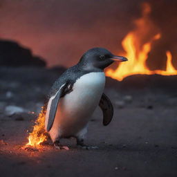 A brave yet out of place penguin, navigating a treacherous landscape reminiscent of hell, filled with flaming pyres and glowing embers. The fiery light reflects in its beady eyes as it maneuvers with determination.