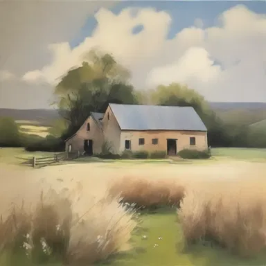 The artist painted a stunning landscape featuring a picturesque tithe barn as the centerpiece.
