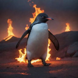 A brave yet out of place penguin, navigating a treacherous landscape reminiscent of hell, filled with flaming pyres and glowing embers. The fiery light reflects in its beady eyes as it maneuvers with determination.