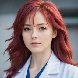 Anime girl with vibrant red hair wearing a white lab coat and looking confidently into the distance