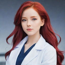 Anime girl with vibrant red hair wearing a white lab coat and looking confidently into the distance