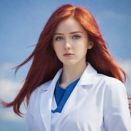 Anime girl with vibrant red hair wearing a white lab coat and looking confidently into the distance