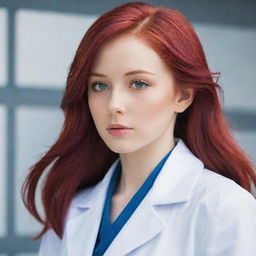 Anime girl with vibrant red hair wearing a white lab coat and looking confidently into the distance