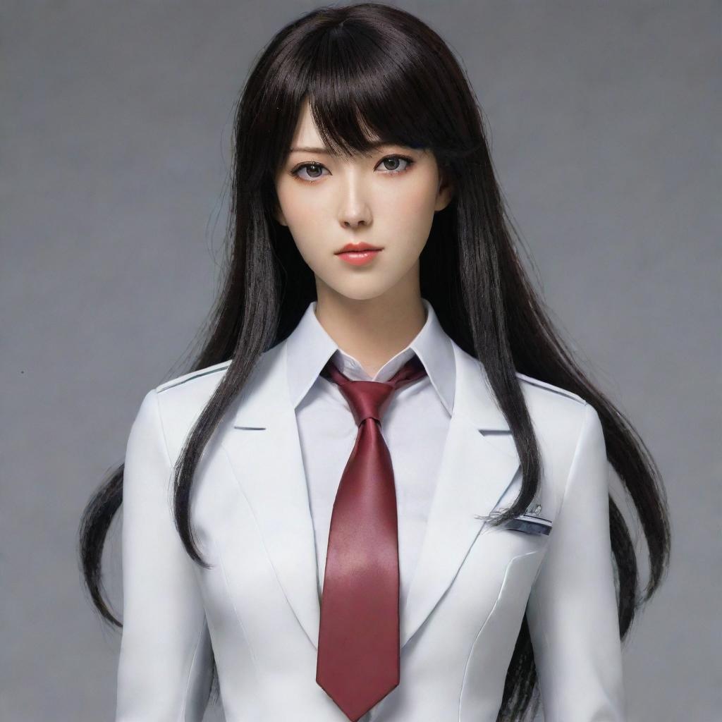 A realistic interpretation of Makise Kurisu from Steins Gate with glossy black hair and her signature outfit