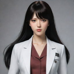 A realistic interpretation of Makise Kurisu from Steins Gate with glossy black hair and her signature outfit