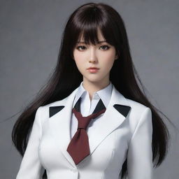 A realistic interpretation of Makise Kurisu from Steins Gate with glossy black hair and her signature outfit