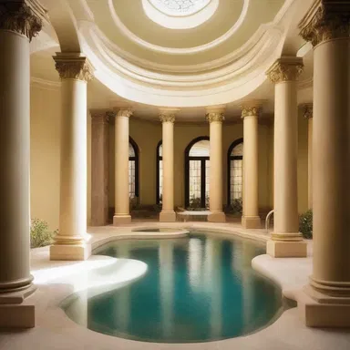 The luxurious hydropathic spa had a stunning architectural design, with grand columns and a picturesque water feature.