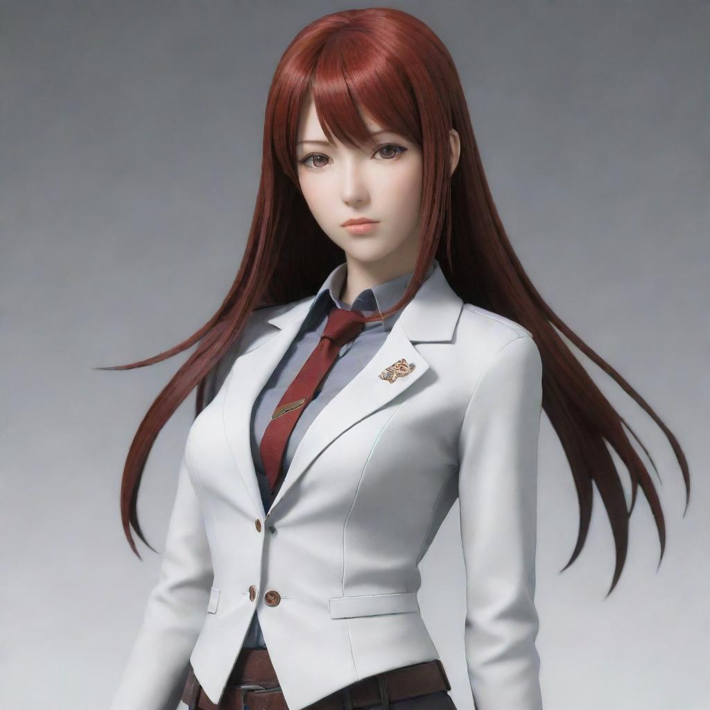 A detailed and high-quality image of Makise Kurisu, a main character from Steins Gate, in her signature outfit