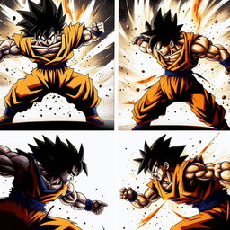 Create an 8-panel manga strip depicting the story of Goku from Dragon Ball Z overcoming his enemy, Frieza, showcasing key elements of their encounter including dramatic transformations, energy clashes, and Goku's final victory.