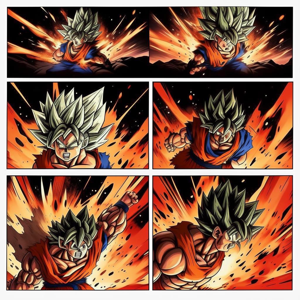 Create an 8-panel manga strip depicting the story of Goku from Dragon Ball Z overcoming his enemy, Frieza, showcasing key elements of their encounter including dramatic transformations, energy clashes, and Goku's final victory.