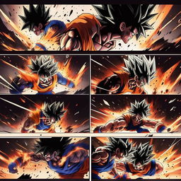 Create an 8-panel manga strip depicting the story of Goku from Dragon Ball Z overcoming his enemy, Frieza, showcasing key elements of their encounter including dramatic transformations, energy clashes, and Goku's final victory.