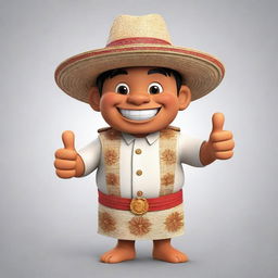 A cheerful Filipino cartoon character dressed in a traditional barong tagalog, sporting a straw hat, and giving a thumbs up.