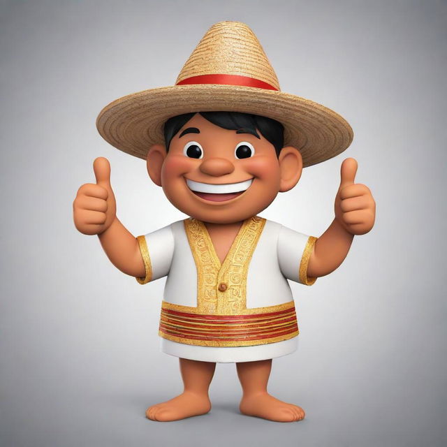 A cheerful Filipino cartoon character dressed in a traditional barong tagalog, sporting a straw hat, and giving a thumbs up.