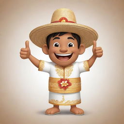 A cheerful Filipino cartoon character dressed in a traditional barong tagalog, sporting a straw hat, and giving a thumbs up.