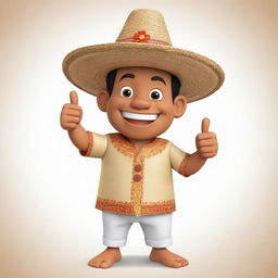 A cheerful Filipino cartoon character dressed in a traditional barong tagalog, sporting a straw hat, and giving a thumbs up.