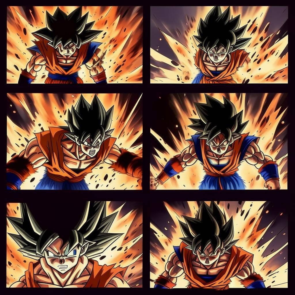 Create an 8-panel manga strip depicting the story of Goku from Dragon Ball Z overcoming his enemy, Frieza, showcasing key elements of their encounter including dramatic transformations, energy clashes, and Goku's final victory.