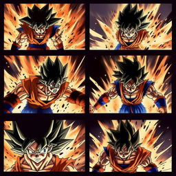 Create an 8-panel manga strip depicting the story of Goku from Dragon Ball Z overcoming his enemy, Frieza, showcasing key elements of their encounter including dramatic transformations, energy clashes, and Goku's final victory.