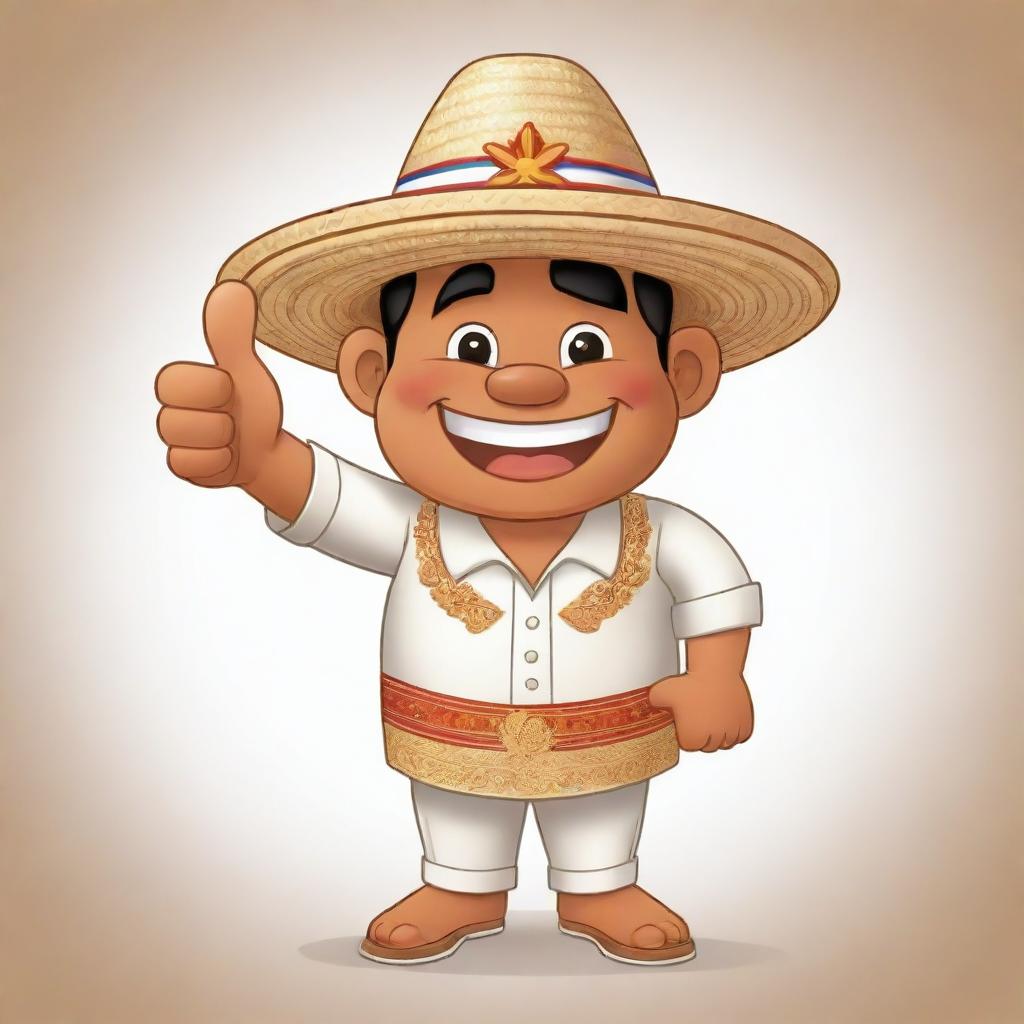 A cheerful 2D cartoon character of Filipino ethnicity, wearing a Barong Tagalog and a straw hat, giving a thumbs up.