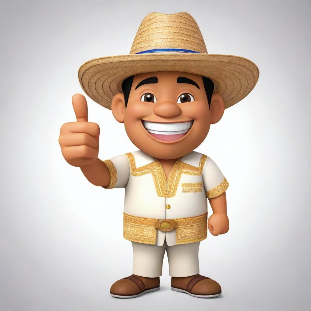 A cheerful 2D cartoon character of Filipino ethnicity, wearing a Barong Tagalog and a straw hat, giving a thumbs up.