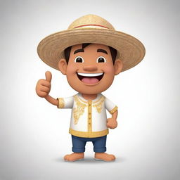 A cheerful 2D cartoon character of Filipino ethnicity, wearing a Barong Tagalog and a straw hat, giving a thumbs up.