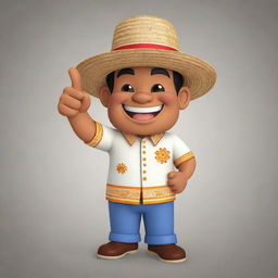 A cheerful 2D cartoon character of Filipino ethnicity, wearing a Barong Tagalog and a straw hat, giving a thumbs up.